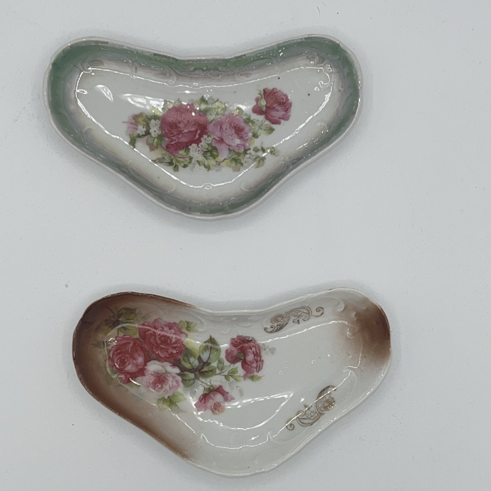 Set of 2 ROSE BLOSSOMS CRESENT BONE DISH Floral Pattern 7" long